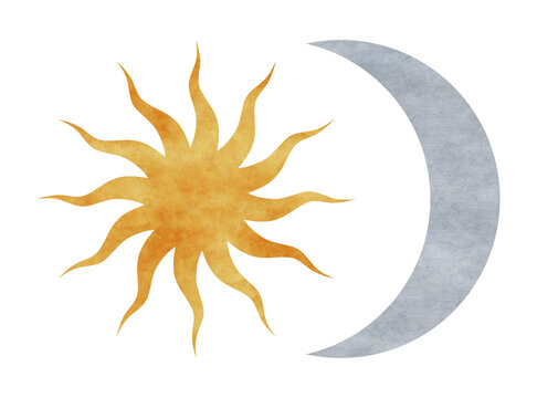 Watercolor illustration of Celestial bodies Sun and Moon. Symbols of magic and alchemy are isolated on a transparent background. Spiritual occultism objects