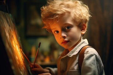 A young boy is seen painting on a canvas. This image can be used to depict creativity, art, and hobbies.