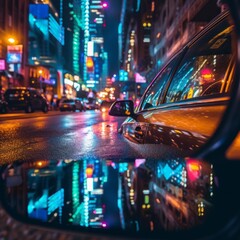Close-up color photograph through the side mirror of a car at night showing a busy neon-lit city...