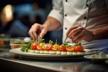 Obraz na płótnie Canvas A chef is seen preparing a delicious meal on a plate. This image can be used to showcase culinary skills and the art of plating.