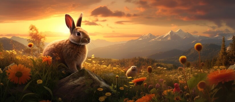 One Rabbit in the meadow at sunset with natural background. AI generated image