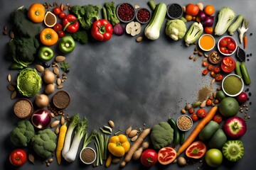 Generate an appealing AI image displaying a variety of vegetables, seeds, and fruits artfully arranged on a sleek grey table 
