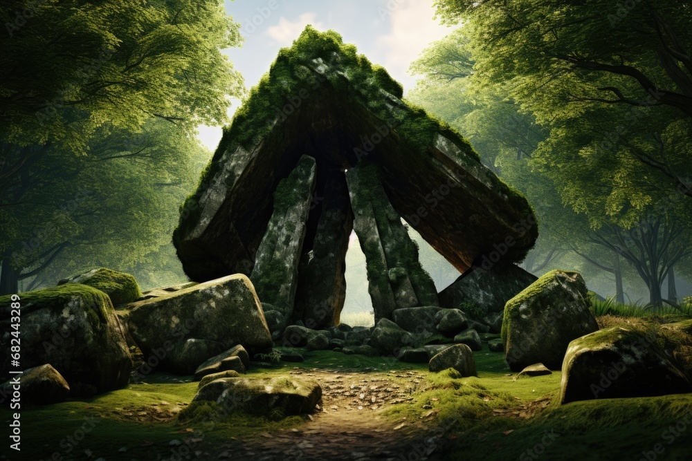 Poster a stone structure located in the heart of a dense forest. this image can be used to depict mysteriou