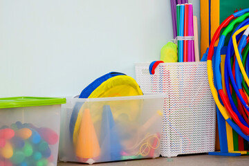 various children's equipment for sports activities in kindergarten