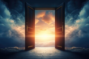 An open door leading to a bright sky. This image can be used to symbolize new opportunities, freedom, and a fresh start.