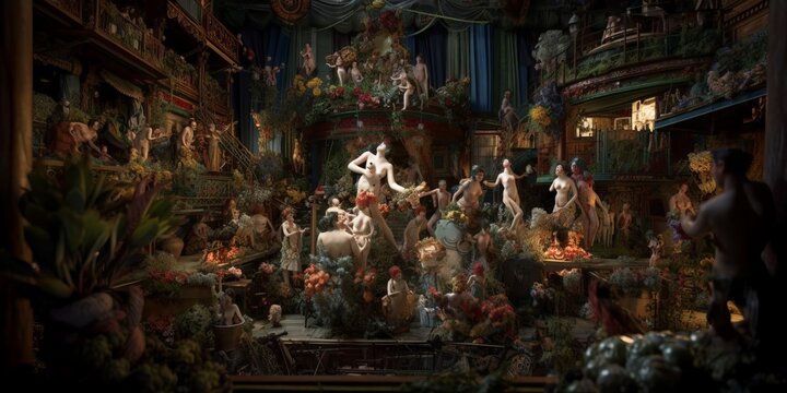 Renaissance-style richly colored painting of a crowded bacchanalia in a baroque overdecorated palace, ornamental plants, bokeh, tenebrism. From the series “Art Film - Color.”