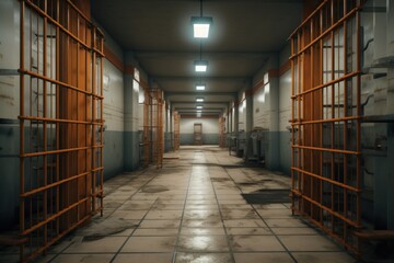 A long hallway with orange bars and a tiled floor. Perfect for illustrating the concept of confinement or imprisonment. Ideal for use in editorial pieces, blog posts, or website design. - obrazy, fototapety, plakaty