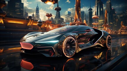 Cyberpunk Super Car in Science Fiction City