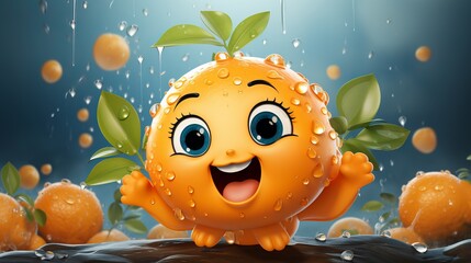 Cheerful mandarin with a smile on a bright background with copy space. Concept: illustration about summer drinks, vegetarian food and children's activities.