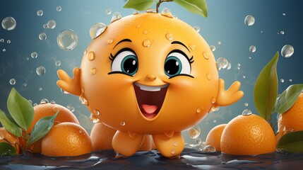 Cheerful mandarin with a smile on a bright background with copy space. Concept: illustration about summer drinks, vegetarian food and children's activities.