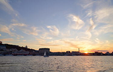 View of Dnipro river and Kyiv city at sunset time, Ukraine.