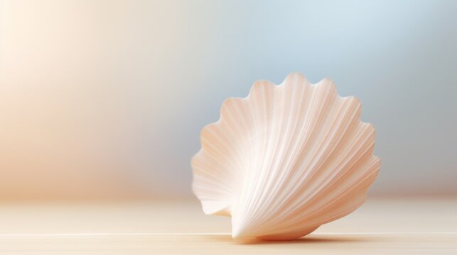 A shell on a wooden table with blurred background, AI