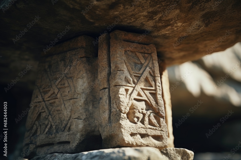 Poster a close-up view of a stone pillar with intricate carvings. this image can be used to showcase detail