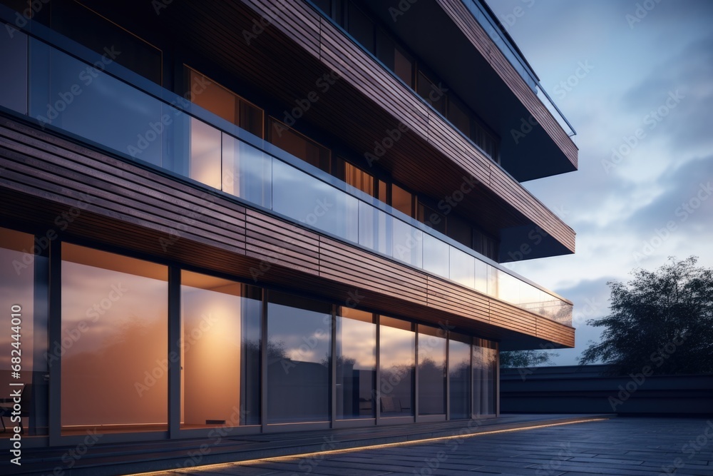 Poster a photograph of a large building with numerous windows. this image can be used to depict modern arch