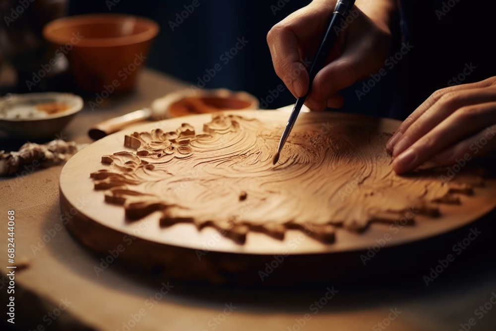 Poster a person skillfully carves a wooden plate using a sharp knife. this image can be used to showcase cr
