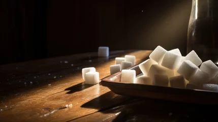 Foto op Plexiglas Lifestyle product shot of sugar bricks on a tray on wooden table highlighted from the window. Play of light and shadow © NK Project