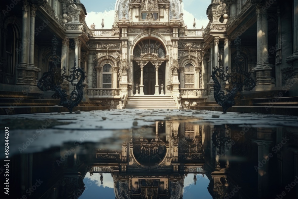 Poster a picture of a large building with a beautiful fountain in front. this image can be used to depict a
