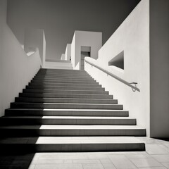 Black and white photograph of a long outdoor stairway in a brutalist building with stark flat planes, low angle shot. From the series “Abstract Architecture."
