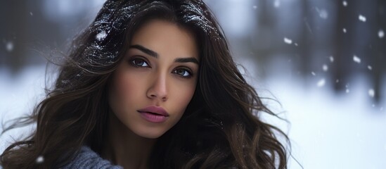 Portrait a beautiful young woman model in winter blur background. AI generated