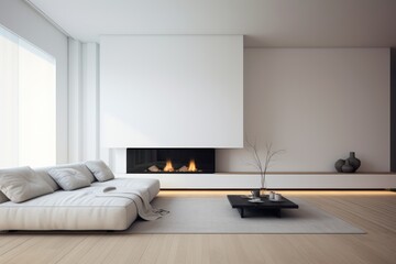 A pristine living room adorned with clean lines, neutral colors, and minimal furniture, embodying the essence of minimalist interior design