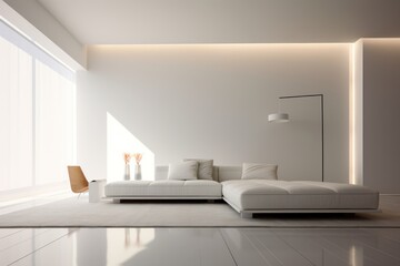 Fototapeta na wymiar A pristine living room adorned with clean lines, neutral colors, and minimal furniture, embodying the essence of minimalist interior design