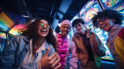 Groupe d'adolescents heureux dans une salle d'arcade, 90s nostalgie - obrazy, fototapety, plakaty