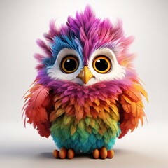Fototapeta premium cute fluffy cartoon owl with colorful feathers, on a white background