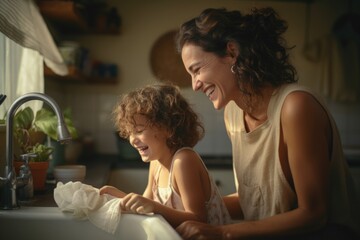 A woman and a child are seen washing their hands in a sink. This image can be used to promote good hygiene practices and the importance of handwashing