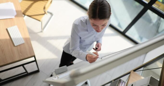 Business woman writing notes about creative ideas on white board