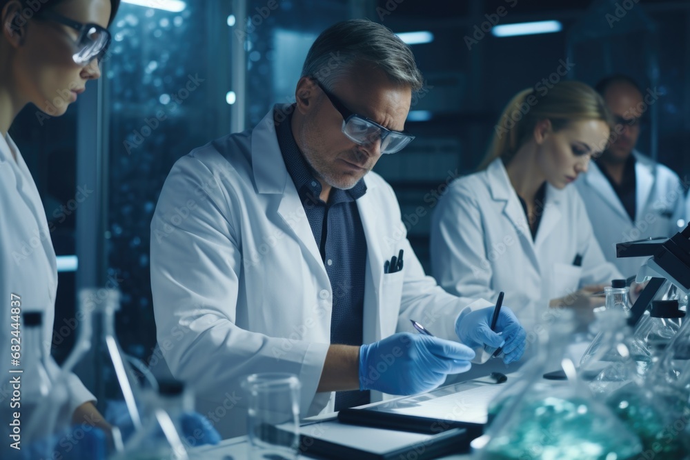 Poster a group of people collaborating and conducting experiments in a laboratory. this image can be used t