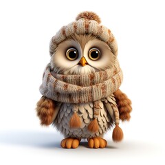 cute fluffy cartoon owl in a knitted scarf and hat on a white background