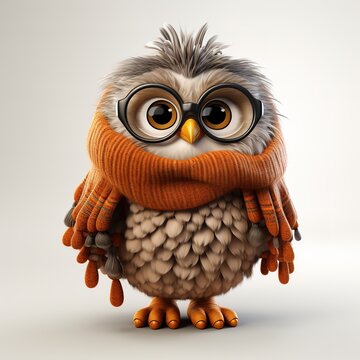 cute fluffy cartoon owl in a knitted scarf and glasses, on a white background