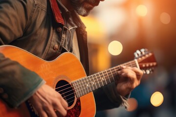 A picture of a man with a beard playing a guitar. This image can be used to depict musicians, live performances, or the joy of playing music