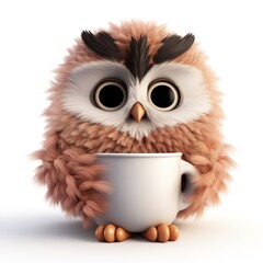 Fototapeta premium cute fluffy cartoon owl with a cup on a white background
