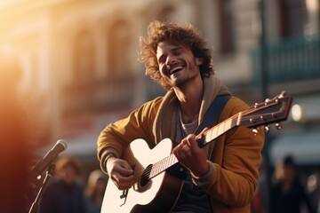 A man playing a guitar on a city street. Perfect for capturing the vibrant atmosphere of urban life.