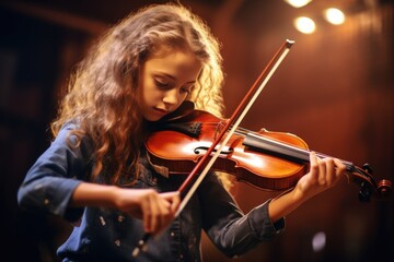 A young girl is seen playing a violin in a dark room. This image can be used to depict a musician practicing or creating music in a moody setting
