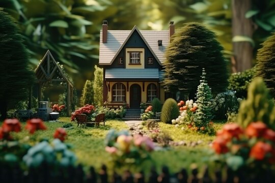 A picture of a small house located in the middle of a beautiful garden. This image can be used to depict a peaceful and serene environment