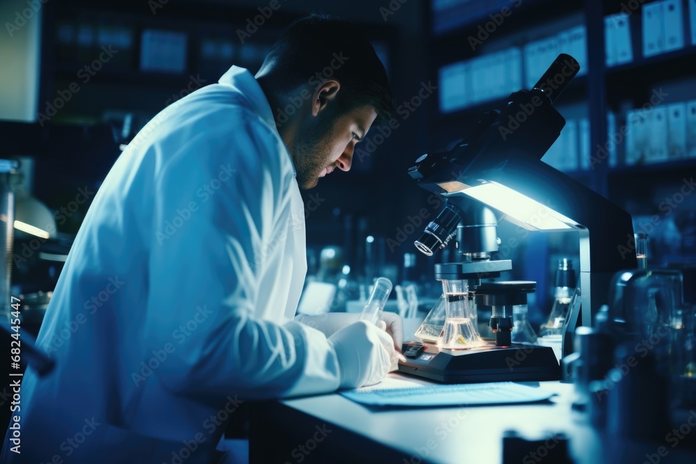 Poster a man wearing a lab coat is seen working on a laptop. this image can be used to depict a scientist o