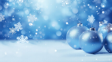 Blue Christmas ornaments on snowy backdrop with sparkling snowflakes, holiday wonder.