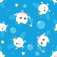 Seamless pattern healthy tooth with wings, crown and magic wand. This is the tooth fairy. Illustration in cartoon style.