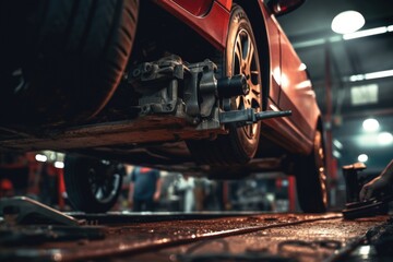 Obraz premium A close up view of a car on a lift. This image can be used to showcase car maintenance or repair services