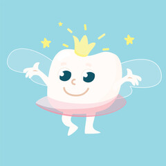 Tooth fairy in the form of a tooth with a crown and wings. Funny character in cartoon style for children's design.