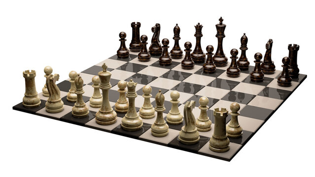 Chess pieces on the board in the starting position. Isolated. Transparent background. 3D Rendering.	