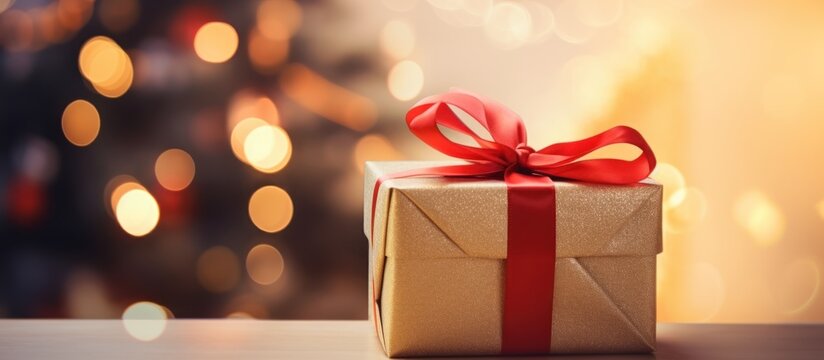 Gift box with red ribbon on blur bokeh background. AI generated image
