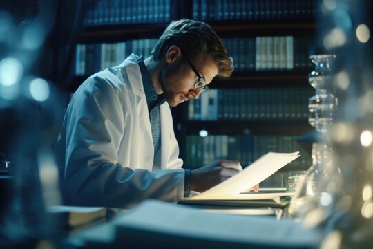 A man in a lab coat engrossed in reading a book. This image can be used to depict a scientist or researcher studying or learning