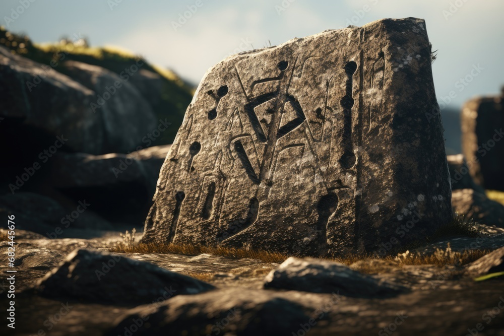 Poster a rock with a drawing on it placed in the middle of a field. suitable for nature-themed designs or a