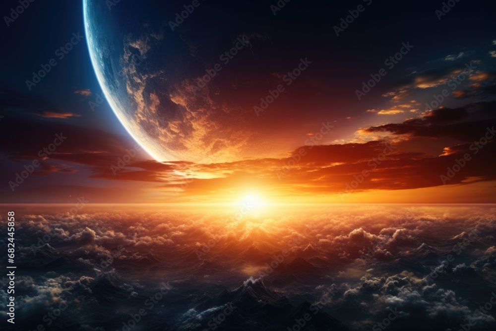 Poster a captivating view of the sun rising above a layer of fluffy clouds. perfect for adding a sense of s