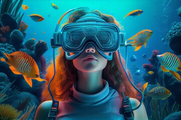 Obraz na płótnie Canvas Portrait of young woman in VR glasses headset on underwater background. Virtual reality futuristic concept.