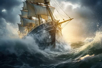 Deurstickers A large sailboat braving the stormy waves of the ocean.  © Ева Поликарпова