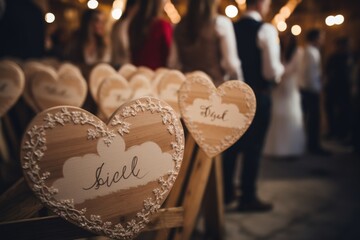 A collection of heart-shaped wooden chairs, each with a name written on them. Perfect for weddings, anniversaries, or any romantic occasion